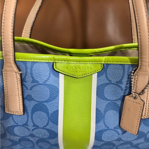 Coach Blue Signature Stripe Tote Bag Lime Green Trim Y2K Purse - Picture 11 of 13